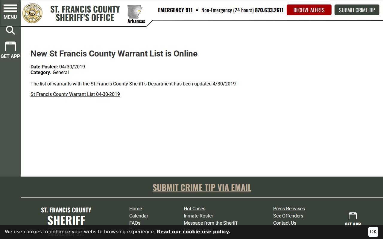 St. Francis County Sheriff historical online warrant list announcement