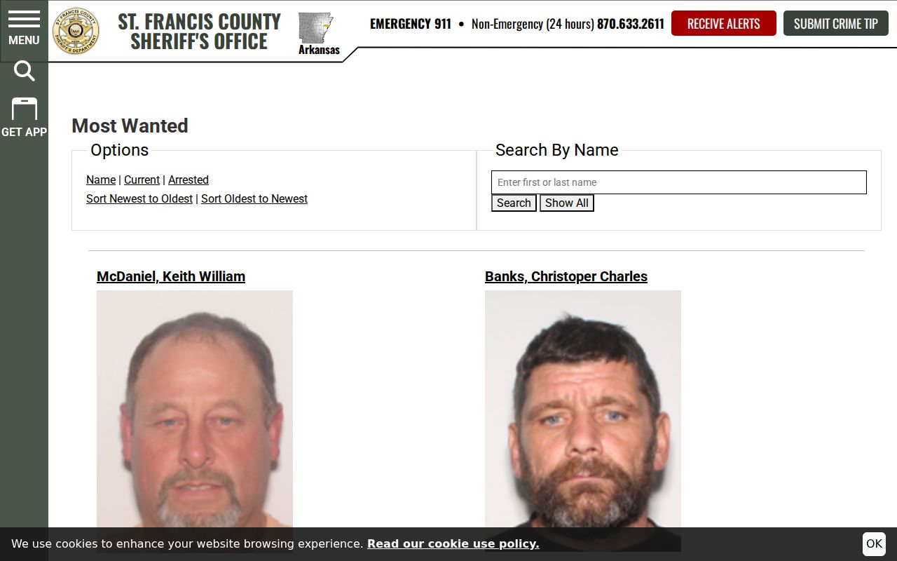 St. Francis County Sheriff Most Wanted name, current, and arrested controls