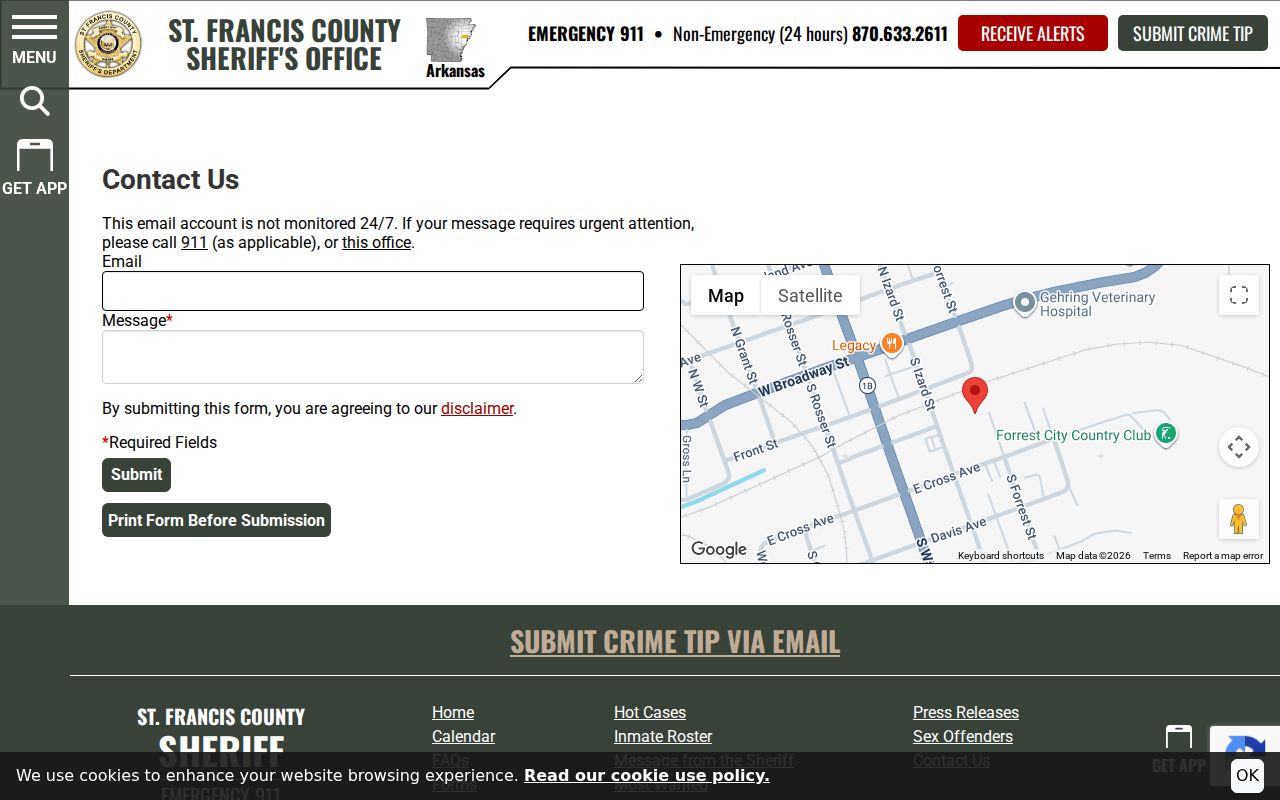 St. Francis County Sheriff general contact form for a non-urgent arrest warrant records message