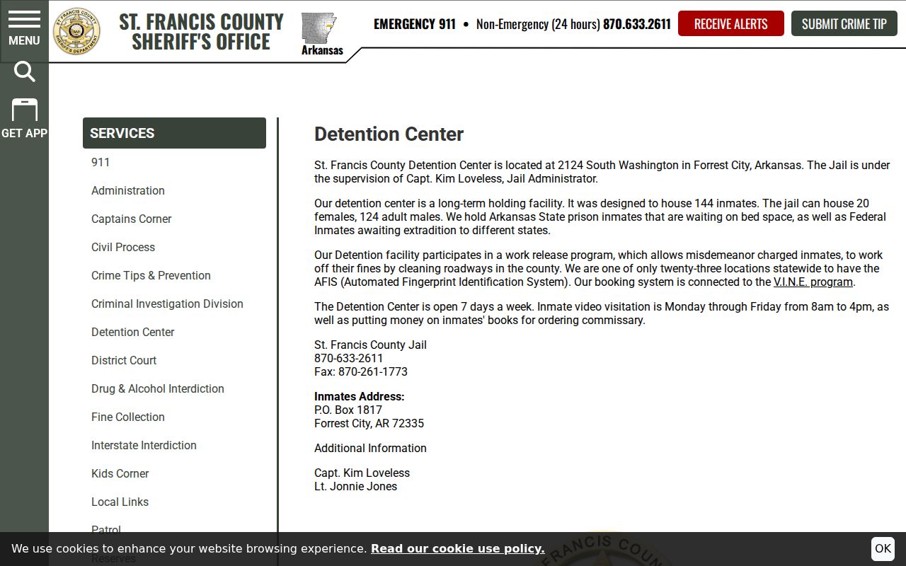 St. Francis County detention center contact and custody information for an arrest warrant
